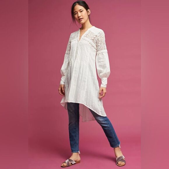 FEATHER BONE by‎ ANTHROPOLOGIE Lucille Pintucked Lace Tunic in Ivory - Picture 1 of 12